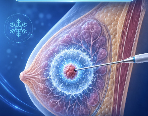 Ilustração da mama com sonda de crioablação posicionada e a zona de gelo formada ao redor da lesão